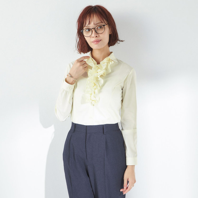 ソノタ 【SUIT SELECT×Samantha Thavasa】【長袖】リボン&フリル取り外しスキッパー/イエロー×ドビーストライプ/形態安定 黄中間