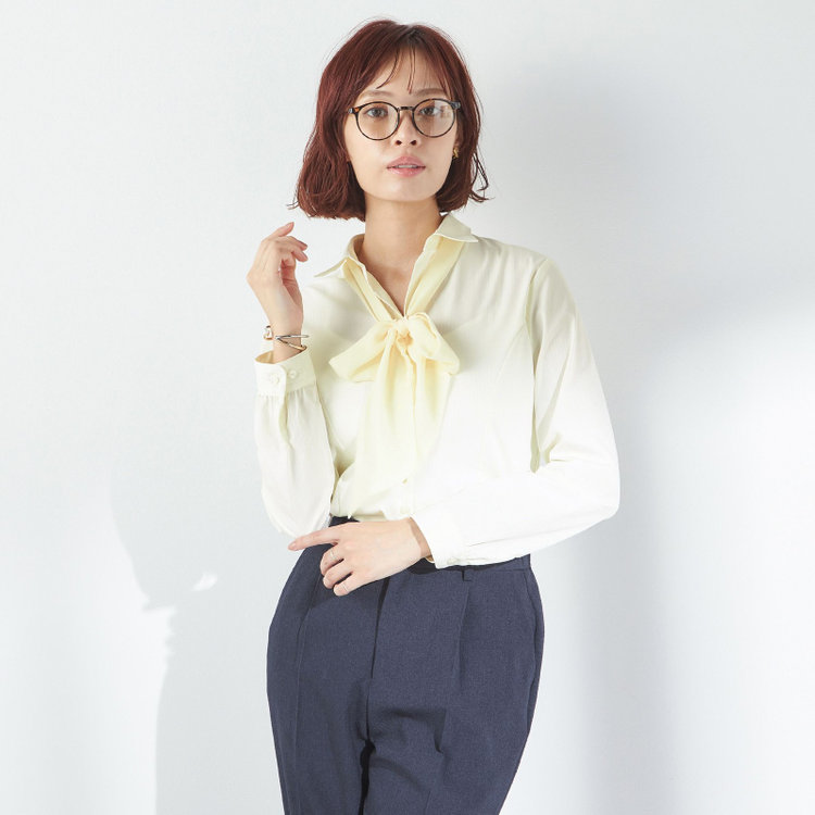 ソノタ 【SUIT SELECT×Samantha Thavasa】【長袖】リボン&フリル取り外しスキッパー/イエロー×ドビーストライプ/形態安定 黄中間