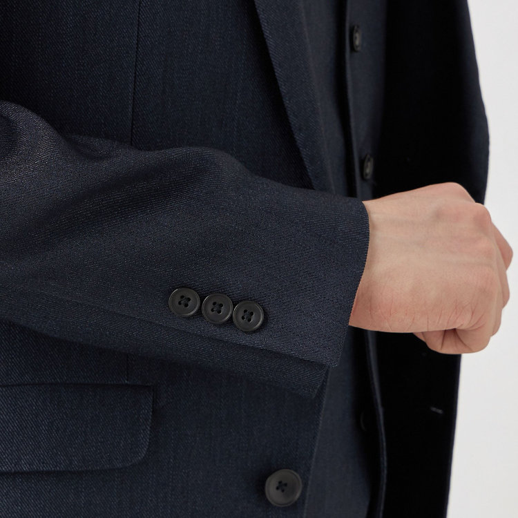 ブラックライン 【SLIM TAPERED】【年間】 2釦シングルスリーピーススーツ 0タック/ ダークネイビー×デジタルデニム  /ウエストシャーリング/ 4S TAKE OUT SUITS / ※パンツ裾上げ済仕様 紺濃色