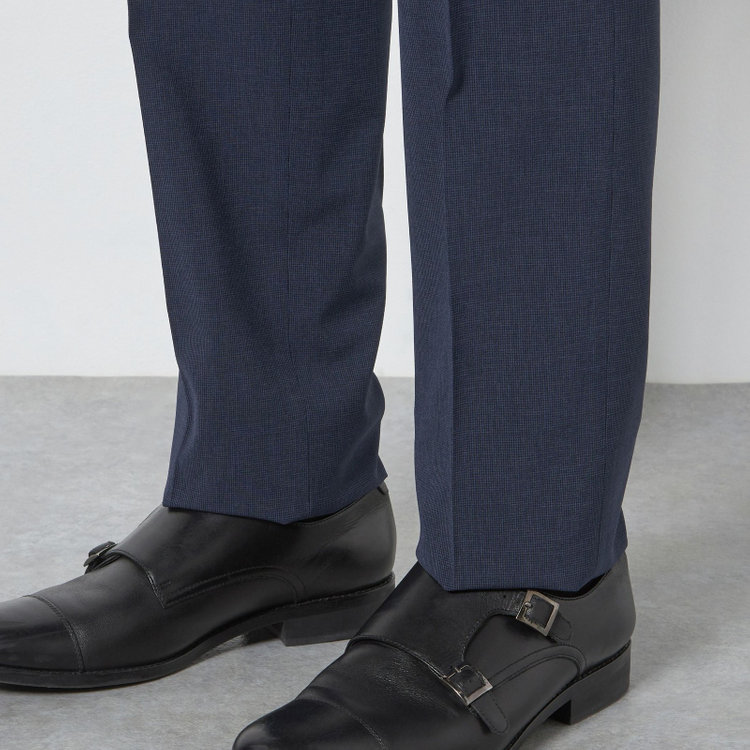 ブラックライン 【SLIM TAPERED】【春夏】0タックテーパードパンツ/ネイビー×ハウンドトゥース/ウエストムーブ/4S SUSTAINABILITY&ECOLOGY FABRIC「ウォッシャブル」「ストレッチ」/※裾上げ済み仕様 紺濃色
