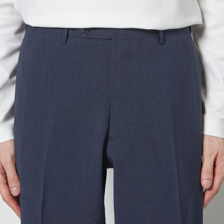 ブラックライン 【SLIM TAPERED】【春夏】0タックテーパードパンツ/ネイビー×ハウンドトゥース/ウエストムーブ/4S SUSTAINABILITY&ECOLOGY FABRIC「ウォッシャブル」「ストレッチ」/※裾上げ済み仕様 紺濃色