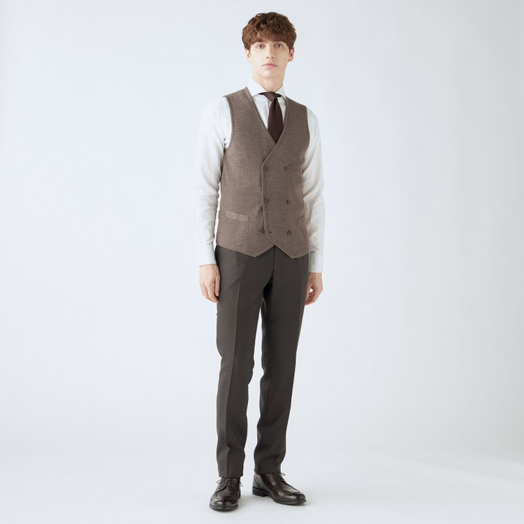 スーツセレクト 【RBC】【秋冬】ミラノリブ ニットダブルジレ(ベスト)/ブラウン 茶淡色