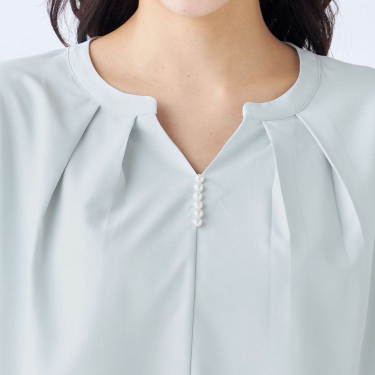 シルバーライン 【SILVER LINE/7分袖】パール釦付きキーネックプルオーバー/ミント/「ウォッシャブル可能」「2WAYストレッチ」「防シワ」「UV加工」「接触冷感」「透け軽減」 緑淡色