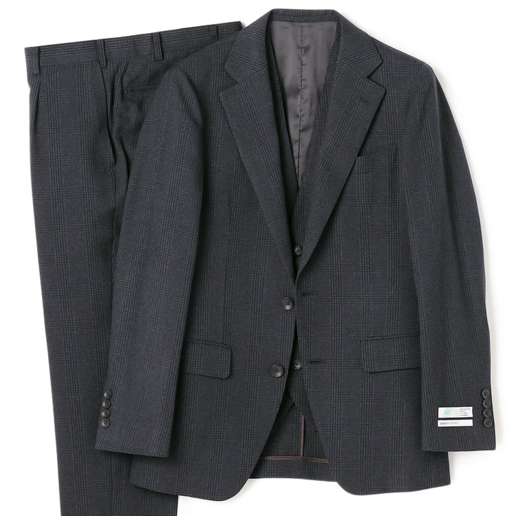 シルバーライン 【CLASSICO TAPERED】【秋冬】2釦シングルスリーピーススーツ 1タックテーパードパンツ/グレー×チェック/ウエストムーブ/4S SUSTAINABILITY&ECOLOGY FABRIC/※パンツ裾上げ済仕様 グレー濃色