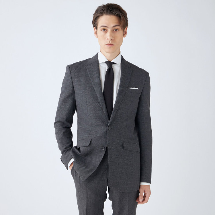 ブラックライン 【SLIM TAPERED_2】【秋冬】2釦シングルスーツ 0タック/グレー×バーズアイ/ウエストシャーリング/4S SUSTAINABILITY&ECOLOGY FABRIC/※パンツ裾上げ済仕様 グレー中間