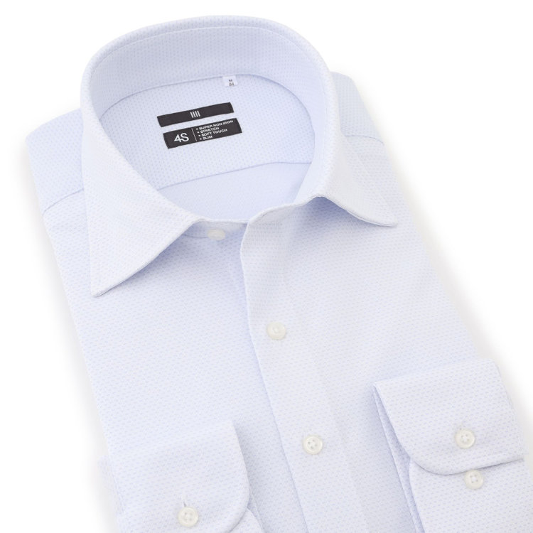 ブラックライン 【発送在庫あり】【BLACK LINE】ワイドカラーワイシャツ/サックス×刺し子柄/「4S」スーパーノンアイロン・ストレッチ 青淡色