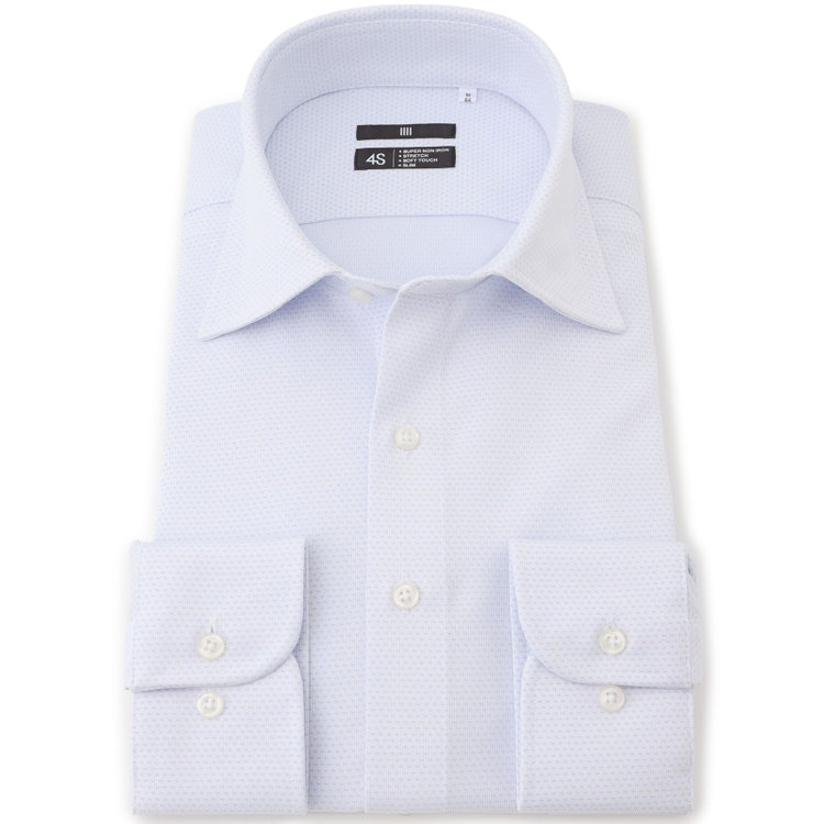 ブラックライン 【発送在庫あり】【BLACK LINE】ワイドカラーワイシャツ/サックス×刺し子柄/「4S」スーパーノンアイロン・ストレッチ 青淡色