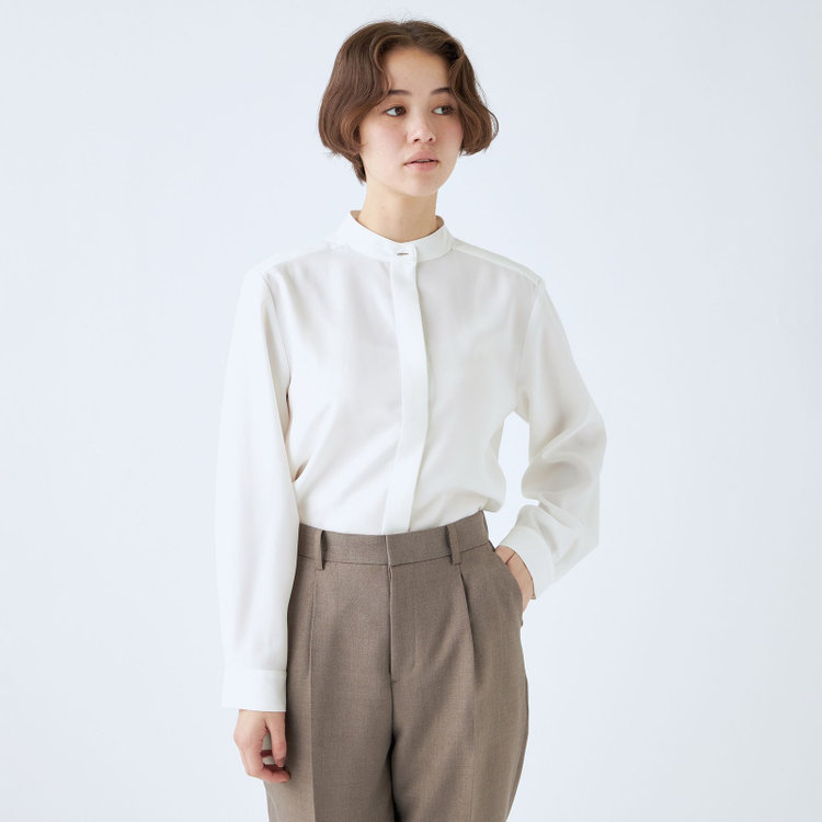 SUIT SELECT　アウトレット 【WEB限定/OUTLET/汚れ・キズ等有】【SL/長袖】バンドカラーブラウス/ホワイト/比翼仕様 白