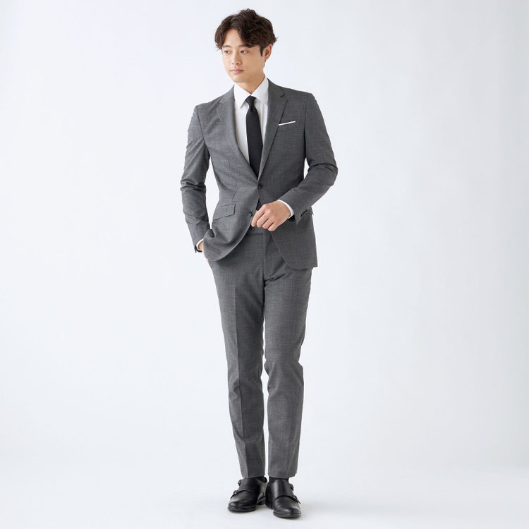 ブラックライン 【発送在庫あり】【SLIM TAPERED_2】【春夏】2釦シングルスーツ 0タック/グレー×グレンチェック/ウエストシャーリング/4S SUSTAINABILITY&ECOLOGY FABRIC/※パンツ裾上げ済仕様 グレー中間