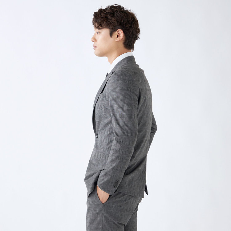 ブラックライン 【発送在庫あり】【SLIM TAPERED_2】【春夏】2釦シングルスーツ 0タック/グレー×グレンチェック/ウエストシャーリング/4S SUSTAINABILITY&ECOLOGY FABRIC/※パンツ裾上げ済仕様 グレー中間