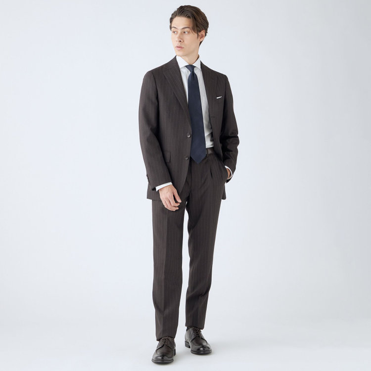 シルバーライン 【CLASSICO TAPERED】【秋冬】3釦段返りスーツ 2タック/ブラウン×ストライプ/ウエストムーブ/NEW ZEALAND WOOL MIX/※裾上げ必要 茶濃色