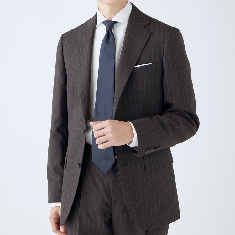 シルバーライン 【CLASSICO TAPERED】【秋冬】3釦段返りスーツ 2タック/ブラウン×ストライプ/ウエストムーブ/NEW ZEALAND WOOL MIX/※裾上げ必要 茶濃色