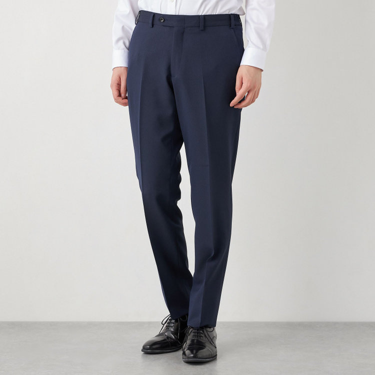 ブラックライン 【SLIM TAPERED】【年間】2釦シングルスリーピーススーツ 0タック/ネイビー×ヘリンボーン /ウエストシャーリング/4S TAKE OUT SUITS /リバーシブルベスト（グレー）/※パンツ裾上げ済仕様 紺中間