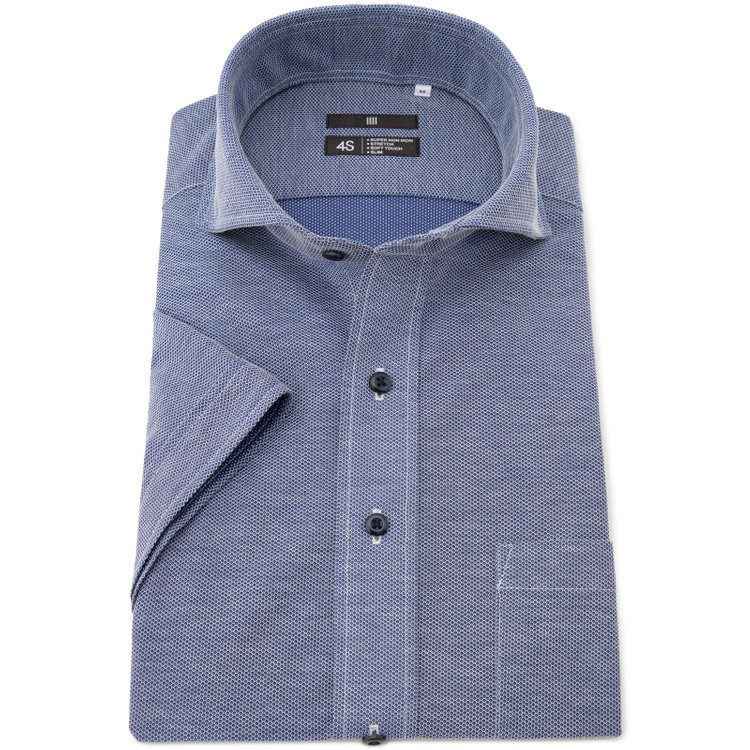 ブラックライン 【発送在庫あり】【BLACK LINE/半袖】ホリゾンタルワイドワイシャツ/ネイビー×ドビー/「4S HONEYCOMB MESH」スーパーノンアイロン・ストレッチ 紺中間