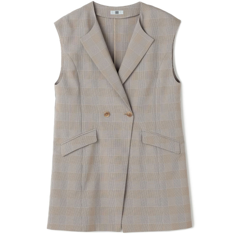 シルバーライン 【SL】【年間】ノーカラーダブル釦ジレ/ブラウン×チェック 茶中間