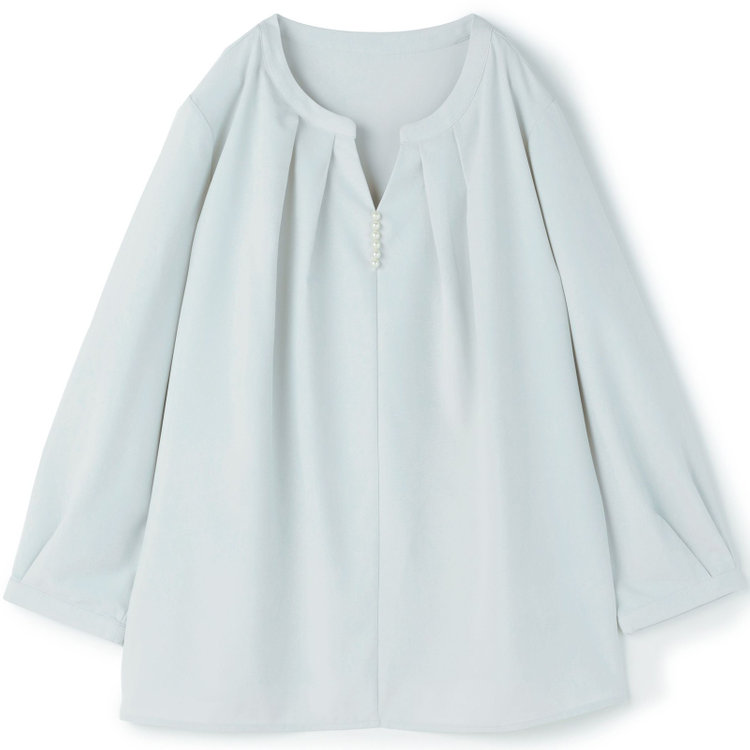 シルバーライン 【SILVER LINE/7分袖】パール釦付きキーネックプルオーバー/ミント/「ウォッシャブル可能」「2WAYストレッチ」「防シワ」「UV加工」「接触冷感」「透け軽減」 緑淡色