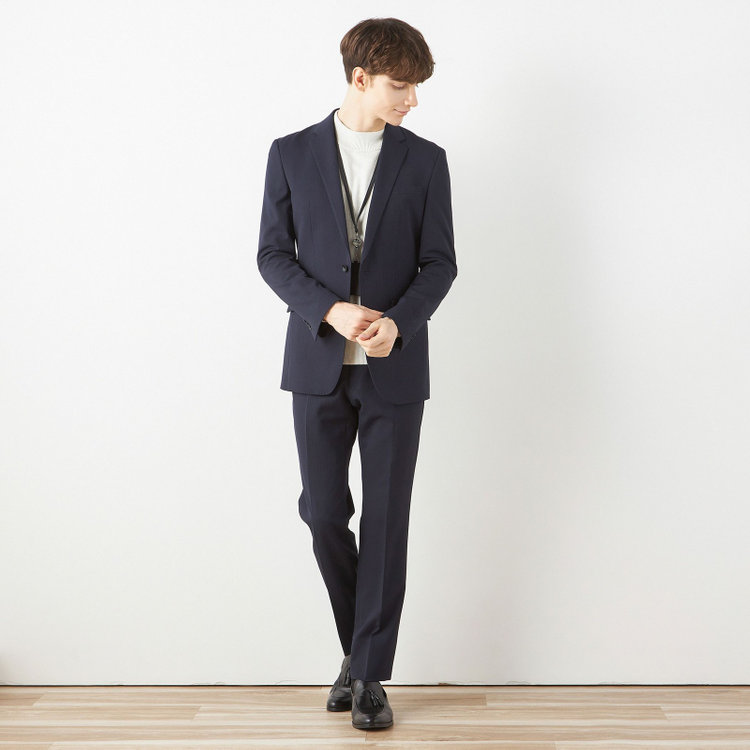 ブラックライン 【SLIM TAPERED_2】【年間】2釦シングルテーパードパンツスーツ 0タック/ネイビー×シャドーストライプ/ウエストシャーリング/4S/※パンツ裾上げ済仕様 紺中間