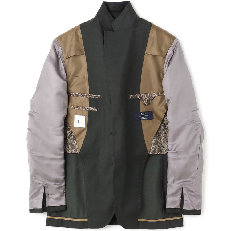 シルバーライン 【発送在庫あり】【CLASSICO TAPERED】【春夏】3釦段返りシングルスーツ 2タック/カーキ×シャドーストライプ/パッチポケット/ウエストムーブ仕様/MARZOTTO/※パンツ裾直し必要 緑中間