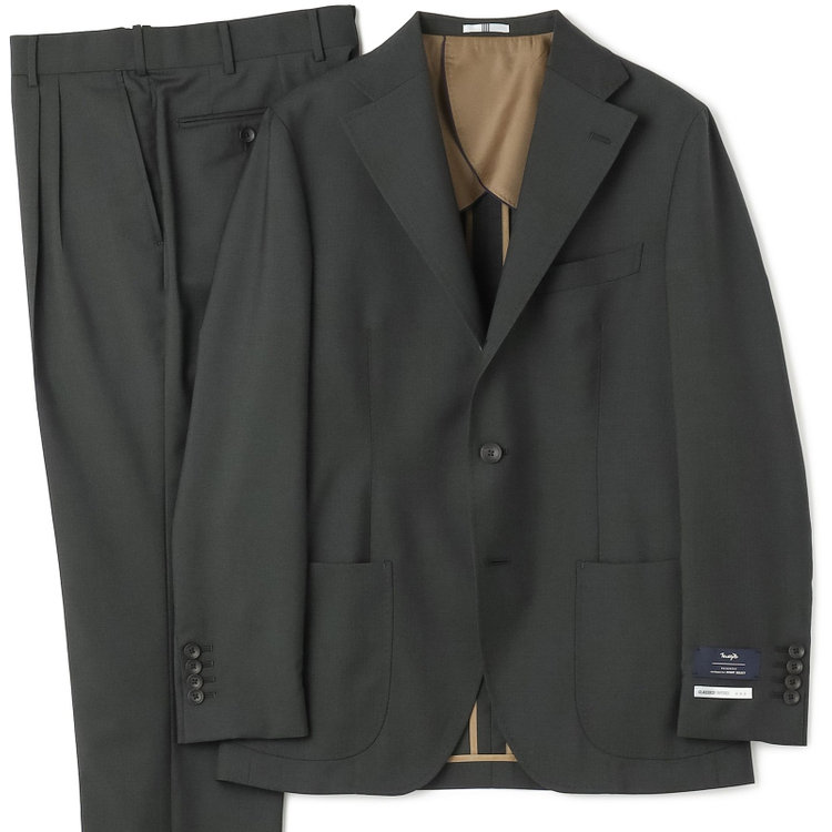 シルバーライン 【発送在庫あり】【CLASSICO TAPERED】【春夏】3釦段返りシングルスーツ 2タック/カーキ×シャドーストライプ/パッチポケット/ウエストムーブ仕様/MARZOTTO/※パンツ裾直し必要 緑中間