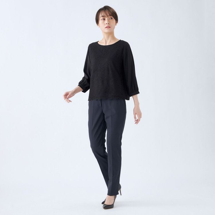 ブラックライン 【就活.】【年間】【BL】ストレートパンツ/ネイビー/ウエストシャーリング/ウォッシャブル＆ストレッチ/裾上げ必要 紺中間