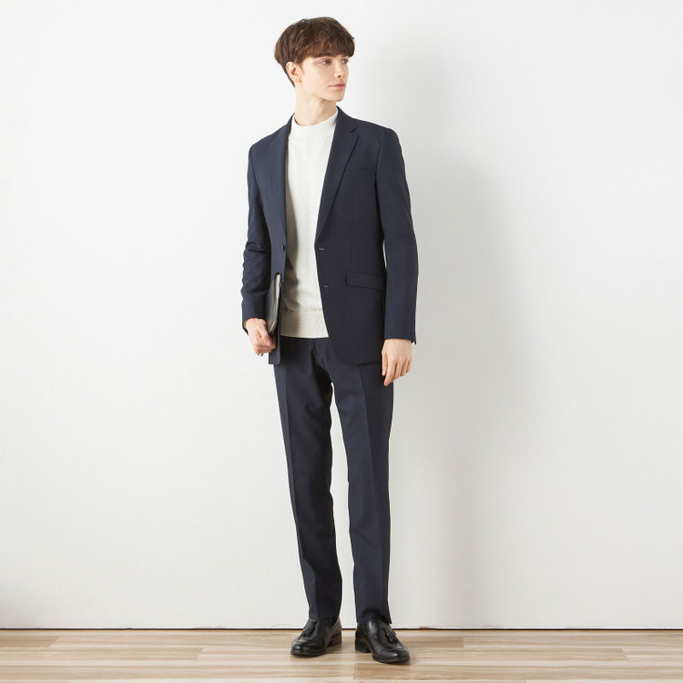 ブラックライン 【SLIM TAPERED_2】【年間】スペアパンツ付き/2釦シングルスーツ 0タック/ネイビー/ウエストシャーリング/4S SUSTAINABILITY/※パンツ裾上げ済仕様 紺濃色