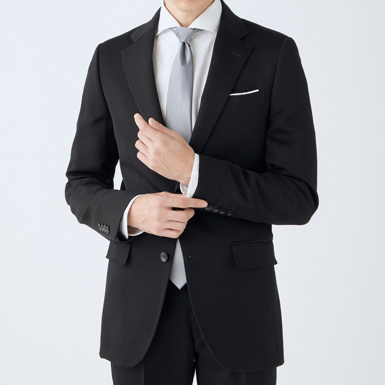 シルバーライン 【CLASSICO TAPERED】【年間】【フォーマル対応可】2釦シングルフォーマルスーツ 1タック/ブラック×ソリッド/BISHU JAPAN FABRIC Super100's/ウエストサイドアジャスター仕様/※裾上げ必要 黒