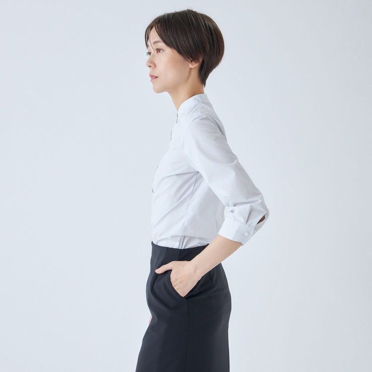 シルバーライン 【SL/7分袖】バンドカラーブラウス/グレー×ドビー小紋/TOUGH BUTTON・NON IRON グレー淡色