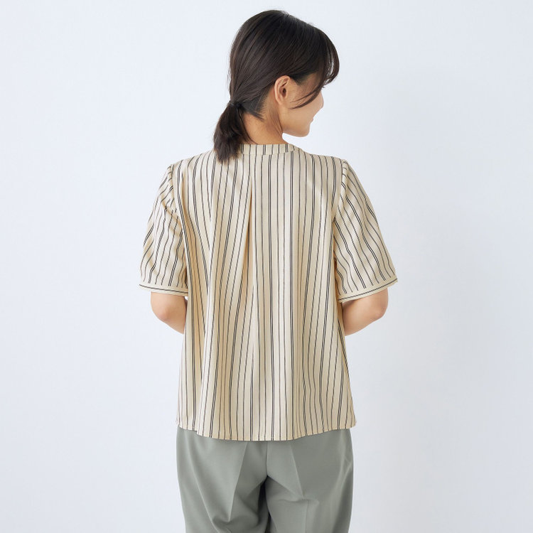 シルバーライン 【SILVER LINE/5分袖】フロントタックプルオーバー/ベージュ×ブラックストライプ 茶淡色