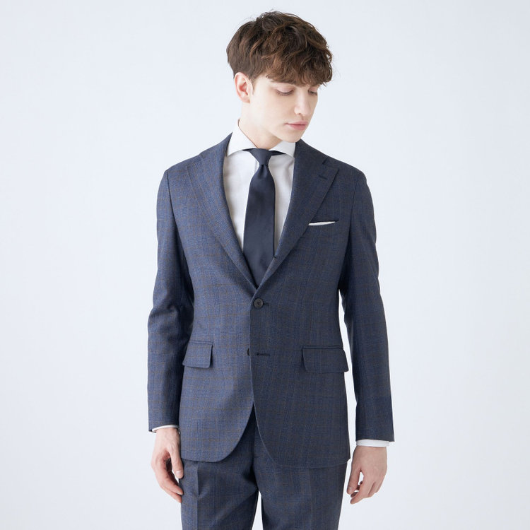 シルバーライン 【CLASSICO TAPERED】【秋冬】3釦段返りシングルスーツ 2タック/ネイビー×チェック/ウエストムーブ/MARZOTTO/※裾上げ必要 青中間