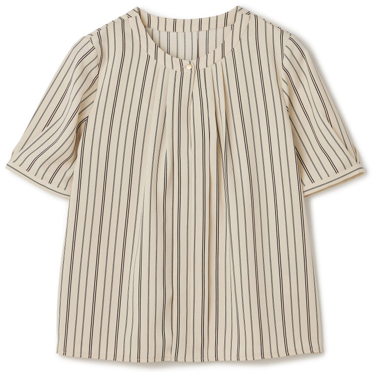 シルバーライン 【SILVER LINE/5分袖】フロントタックプルオーバー/ベージュ×ブラックストライプ 茶淡色