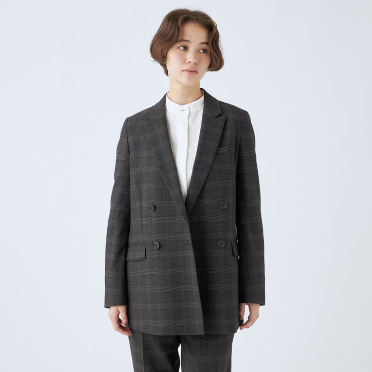 シルバーライン 【SL】【秋冬】4釦1掛けダブルパンツスーツ/グレー×チェック/パンツウエストシャーリング/ウォッシャブル/※パンツ裾上げ済仕様 グレー濃色