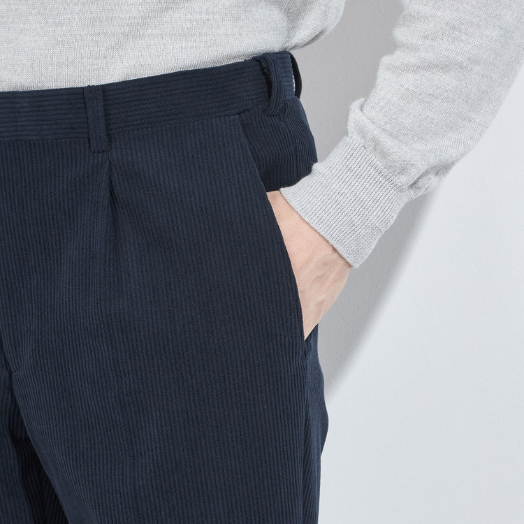 シルバーライン 【5DAYS CLOSET】【RBC】【秋冬】1タックテーパードパンツ/ネイビー×コーデュロイ/ウエストムーブ仕様/4S SUSTAINABLE/※裾上げ必要 紺中間