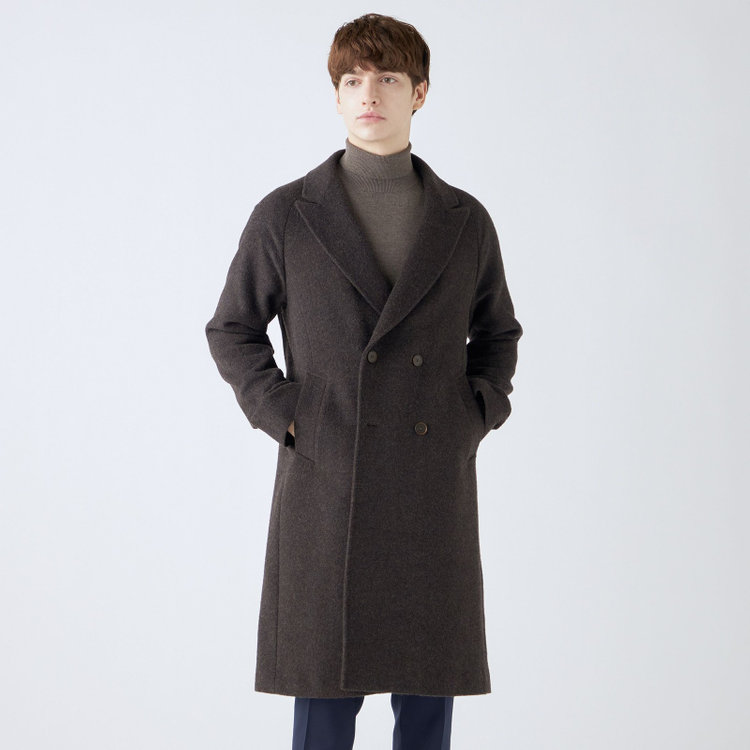 美品　ブラウン 系ダブルブレストムラ加工 レザーロングコート豚革　着丈105cm 4583bks1.jpg