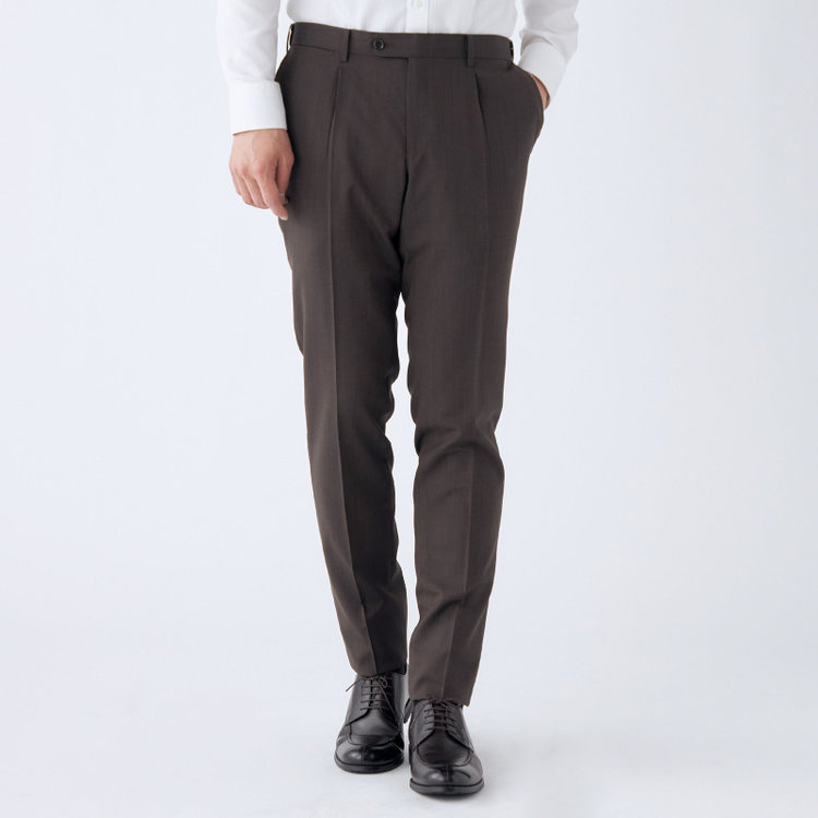 シルバーライン 【CLASSICO TAPERED】【春夏】ウール 1タックテーパードパンツ/ブラウン×ソリッド/ウエストムーブ/ウォッシャブル/※裾上げ必要 茶濃色