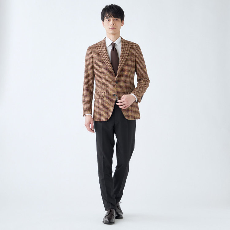 シルバーライン 【CLASSICO TAPERED】【秋冬】ウール2釦ジャケット/ブラウン×チェック+ツイード/Harris Tweed hand woven in the outer hebrides of scotland 茶淡色