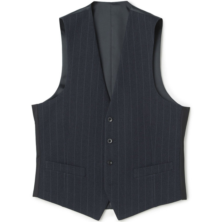 ブラックライン 【SLIM TAPERED_2】【秋冬】2釦シングルスリーピーススーツ 0タック/ネイビー×ストライプ/ウエストシャーリング/4S SUSTAINABILITY&ECOLOGY FABRIC/※パンツ裾上げ済仕様 紺濃色