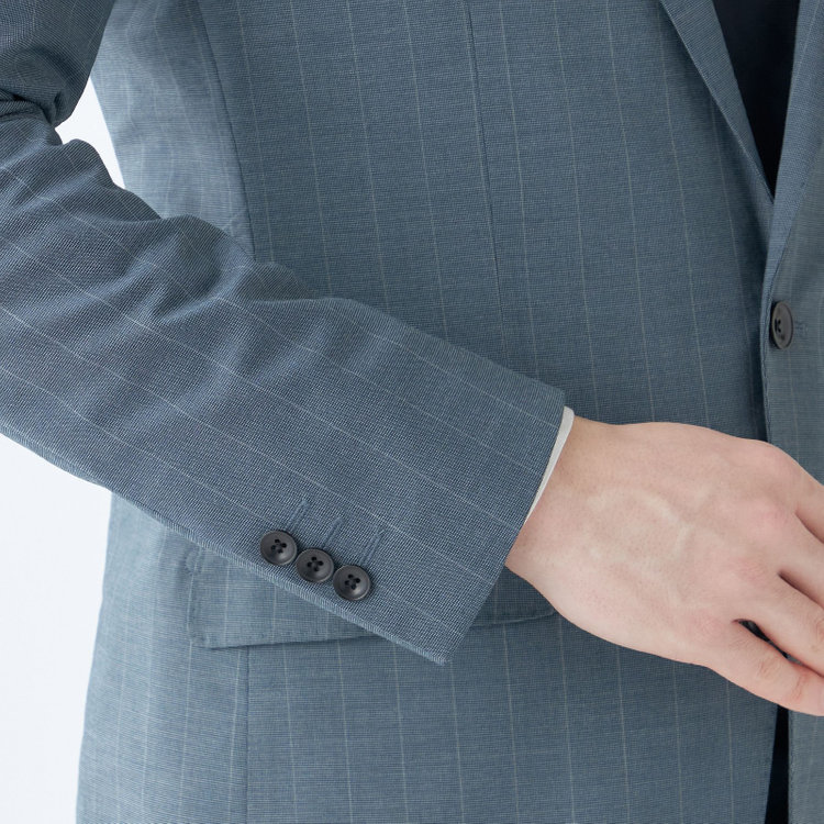 ブラックライン 【SLIM TAPERED_2】【春夏】2釦シングルスーツ 0タック/ブルー×ストライプ/ウエストシャーリング/4S SUSTAINABILITY&ECOLOGY FABRIC/ウォッシャブル/※パンツ裾上げ済仕様 緑中間