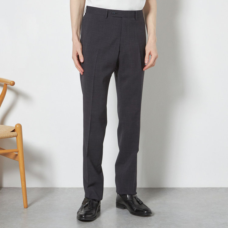 ブラックライン 【SLIM TAPERED】【春夏】0タックテーパードパンツ/グレー×スラブ/ウエストムーブ/4S SUSTAINABILITY&ECOLOGY FABRIC「ウォッシャブル」「ストレッチ」/※裾直し必要 紺濃色