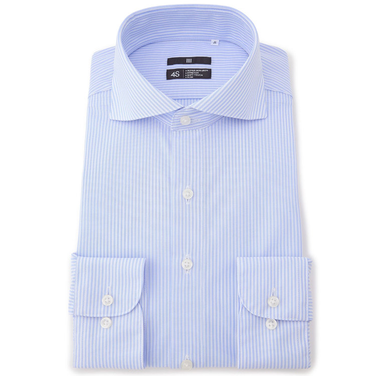 ブラックライン 【発送在庫あり】【BLACK LINE】ホリゾンタルワイドワイシャツ/ブルー＆ホワイト×ストライプ/「4S」スーパーノンアイロン・ストレッチ 青濃色