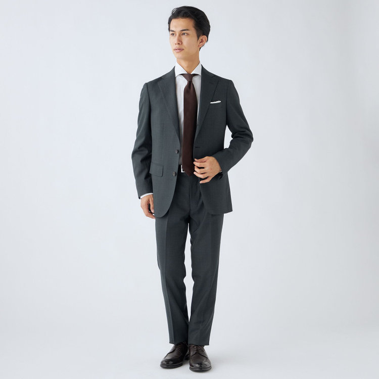 シルバーライン 【CLASSICO TAPERED】【秋冬】3釦段返りスーツ 2タック/グレー×シャドーチェック/ウエストムーブ/NEW ZEALAND WOOL MIX/※裾上げ必要 緑濃色