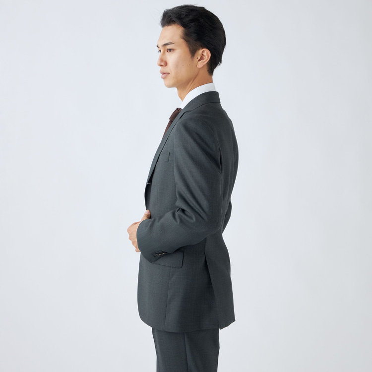 シルバーライン 【CLASSICO TAPERED】【秋冬】3釦段返りスーツ 2タック/グレー×シャドーチェック/ウエストムーブ/NEW ZEALAND WOOL MIX/※裾上げ必要 緑濃色