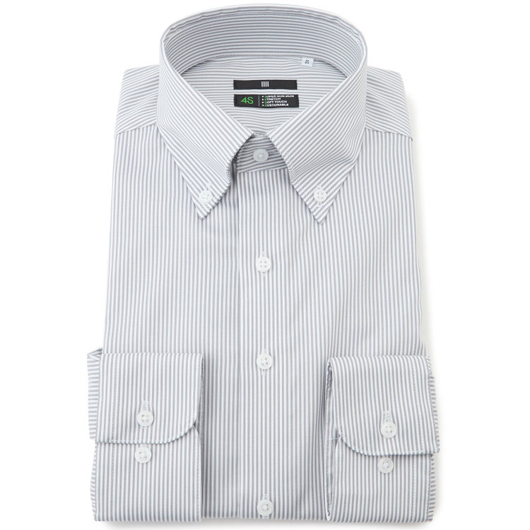 スーツセレクト 【発送在庫あり】【BLACK LINE】ボタンダウンワイシャツ/ホワイト＆グレー×ストライプ/「4S COTTON」スーパーノンアイロン・ストレッチ グレー中間