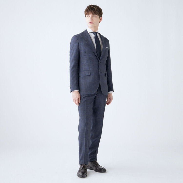 シルバーライン 【CLASSICO TAPERED】【秋冬】3釦段返りシングルスーツ 2タック/ネイビー×チェック/ウエストムーブ/MARZOTTO/※裾上げ必要 青中間