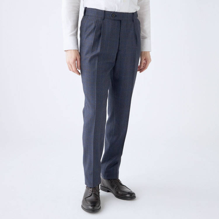 シルバーライン 【CLASSICO TAPERED】【秋冬】3釦段返りシングルスーツ 2タック/ネイビー×チェック/ウエストムーブ/MARZOTTO/※裾上げ必要 青中間