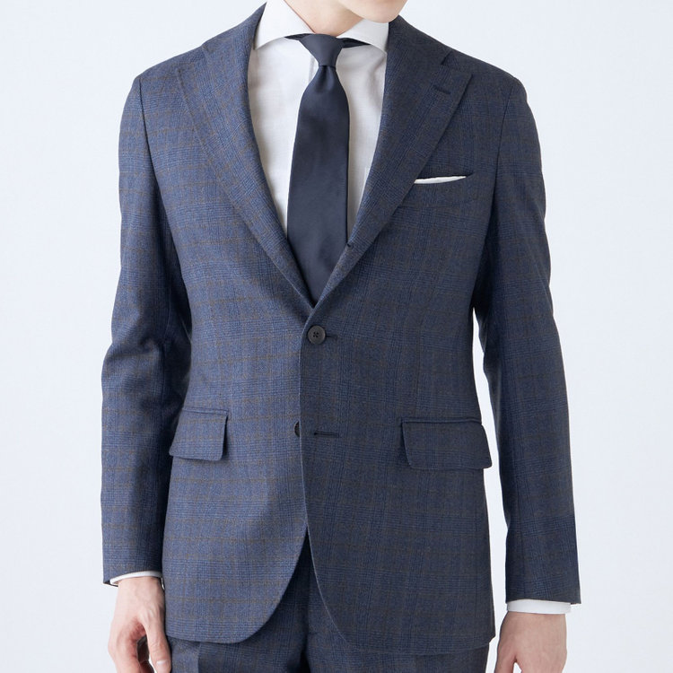 シルバーライン 【CLASSICO TAPERED】【秋冬】3釦段返りシングルスーツ 2タック/ネイビー×チェック/ウエストムーブ/MARZOTTO/※裾上げ必要 青中間