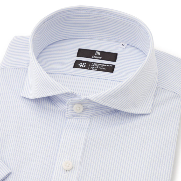 ブラックライン 【発送在庫あり】【SKINNY/半袖】ホリゾンタルワイドワイシャツ/サックス＆ホワイト×ストライプ/「4S」スーパーノンアイロン・ストレッチ 青淡色