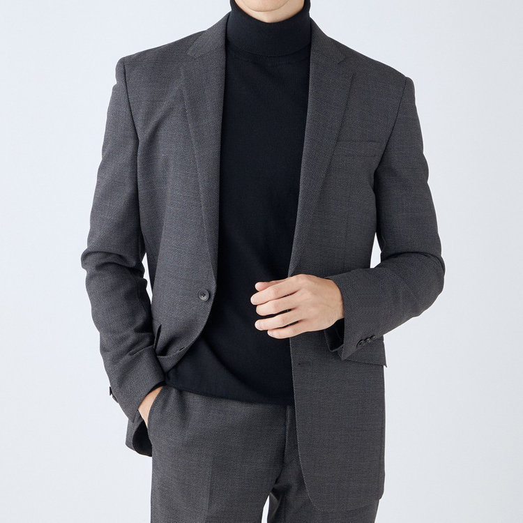 ブラックライン 【SLIM TAPERED_2】【秋冬】2釦シングルスーツ 0タック/グレー×バーズアイ/ウエストシャーリング/4S SUSTAINABILITY&ECOLOGY FABRIC/※パンツ裾上げ済仕様 グレー中間