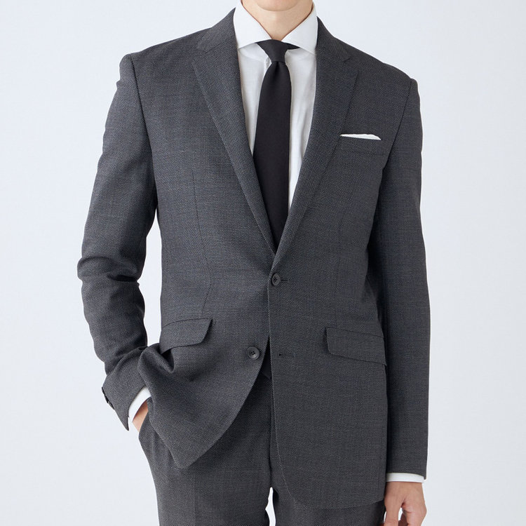 ブラックライン 【SLIM TAPERED_2】【秋冬】2釦シングルスーツ 0タック/グレー×バーズアイ/ウエストシャーリング/4S SUSTAINABILITY&ECOLOGY FABRIC/※パンツ裾上げ済仕様 グレー中間
