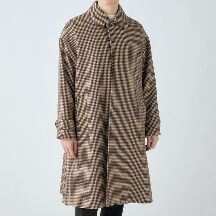 シルバーライン 【発送在庫あり】【SL】ウールブレンドステンカラードロップショルダーデュアリティサイドスリットコート/ベージュ＆ブラウン×チェック/140S BLENDED EXTRA FINE MERINO WOOL 茶中間
