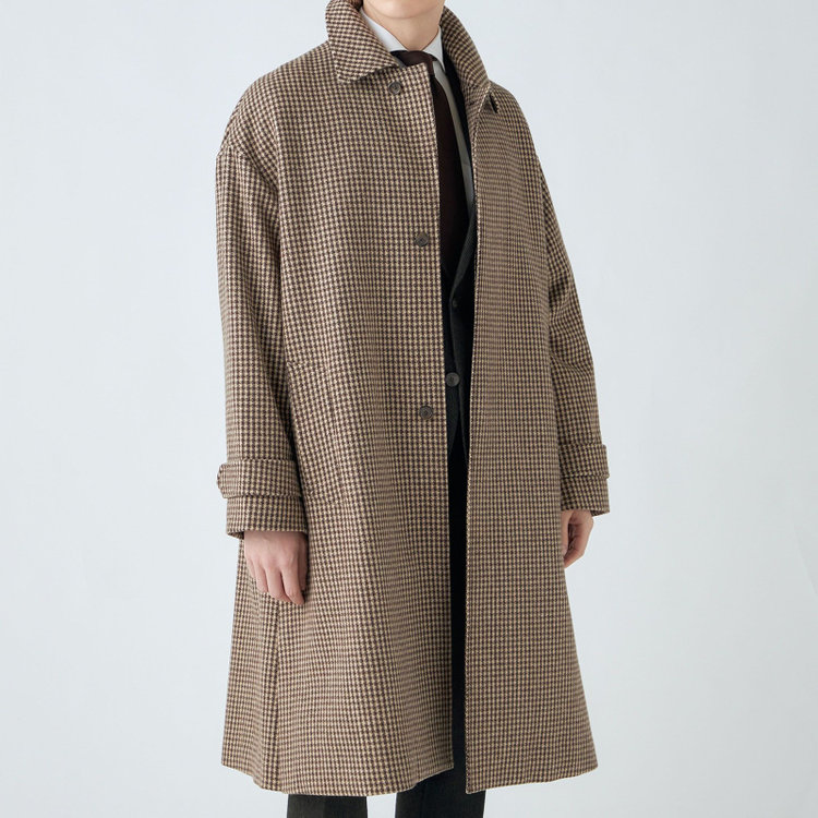 シルバーライン 【発送在庫あり】【SL】ウールブレンドステンカラードロップショルダーデュアリティサイドスリットコート/ベージュ＆ブラウン×チェック/140S BLENDED EXTRA FINE MERINO WOOL 茶中間